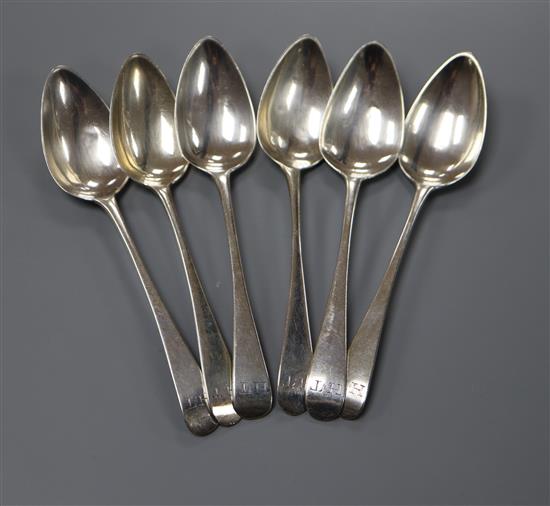 A set of six George III silver Old English pattern teaspoons by Peter & William Bateman, London, 1808, 2.5 oz.